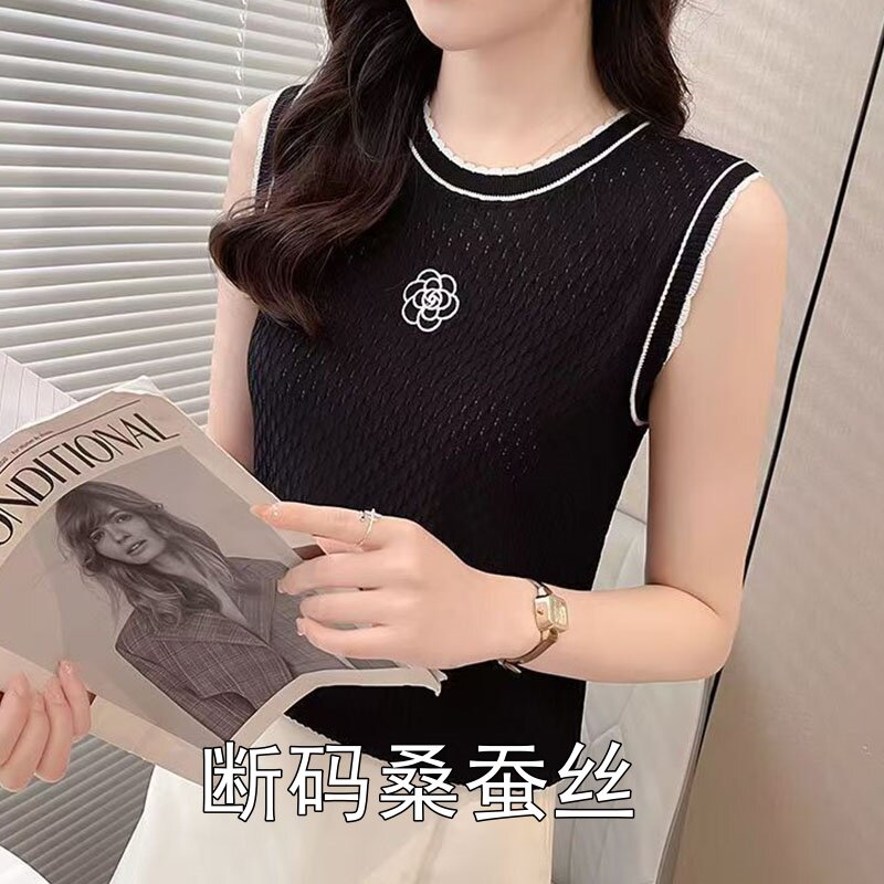 夏季桑蚕丝圆领吊带背心女内搭宽松黑色无袖打底衫薄款塑身上衣