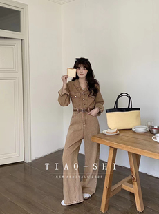 复古港风连身气质百搭牛仔裤 长袖 女 2025春季 收腰姜黄色牛仔连体裤