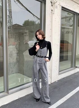 2025秋冬新品韩版时尚连体裤呢子吊带阔腿气质百搭款裤子女装潮女