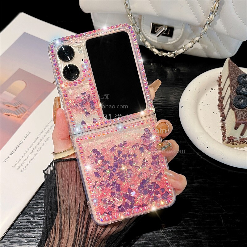ins爱心流沙边闪钻适用OPPO FindN2 Flip手机壳折叠屏oppofindn2flip少女心闪粉防摔透明保护套超薄