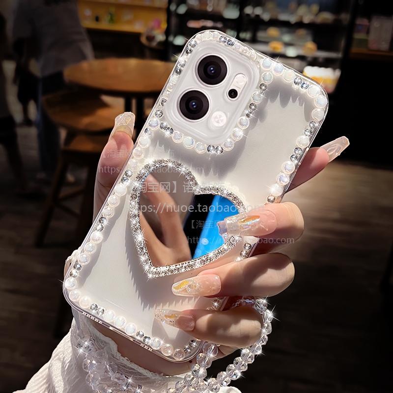 珍珠爱心镜子适用vivoX200透明手机壳X100奢华y300GT外壳X80/50/60带手链7女新爆款X90Pro+全包防摔s30