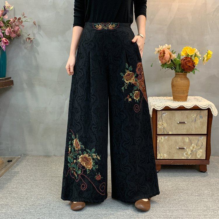 中老年唐装女裤春秋款中式绣花民族风妈妈装长裤阔腿裤高腰