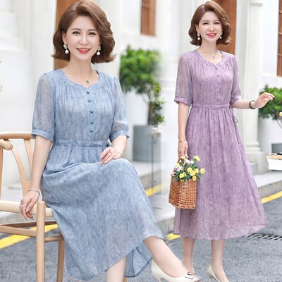 妈妈夏季端庄大气夏天连衣裙2026新款中老年女装洋气显瘦短袖裙子