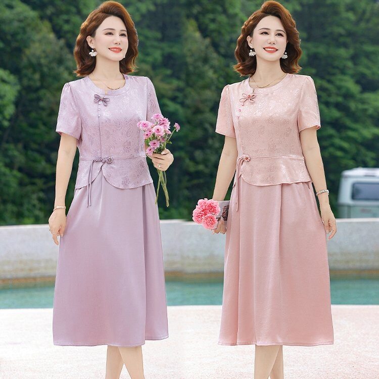 时尚中年妈妈夏天连衣裙短袖中长款连衣裙大码裙子2026新款女夏装