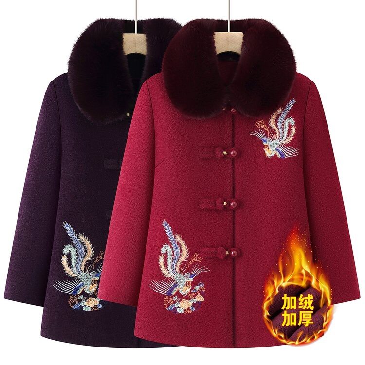 中老年人秋冬装女奶奶毛呢外套妈妈毛领上衣太太加绒加厚衣服棉袄