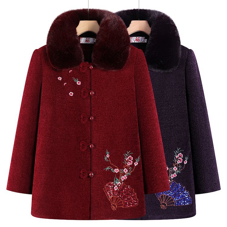 老年人冬装女奶奶加绒加厚妈妈毛领毛呢外套老太太冬天中长款