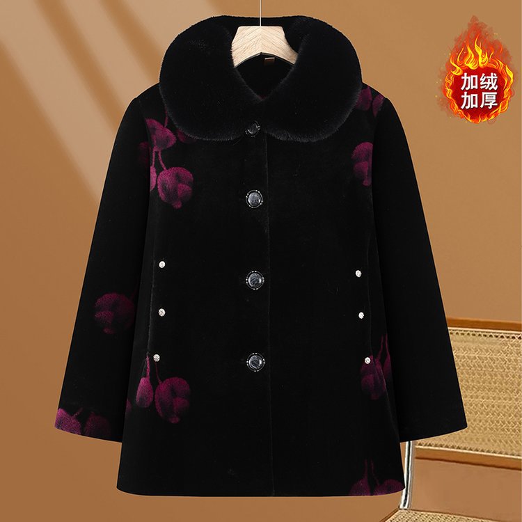 老年人冬装女奶奶加绒加厚妈妈毛领毛呢外套老太太冬天中长款