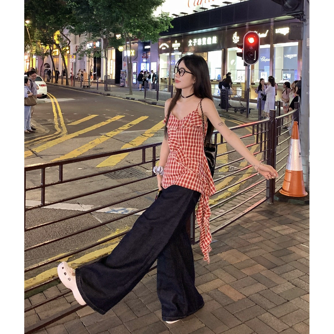 2025新款法式辣妹红色格子吊带小背心女夏季荷叶边不规则海边度假
