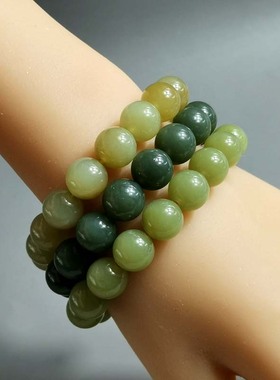 和田玉12mm圆珠青玉白玉烟紫手链