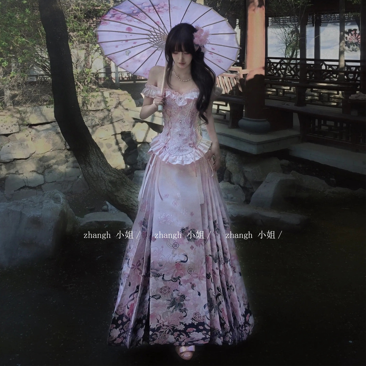祝祈【好运莲莲】新中式国风粉色汉服改良百褶马面裙鱼骨抹胸套装