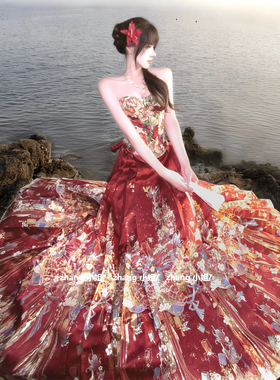 新中式国风红色改良汉服马面裙女秋冬婚礼订婚晚礼服抹胸上衣套装