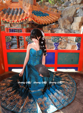 新中式国风蓝色改良汉服马面裙女秋绝美抹胸上衣晚礼服成人礼套装