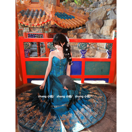 新中式国风蓝色改良汉服马面裙女秋绝美抹胸上衣晚礼服成人礼套装