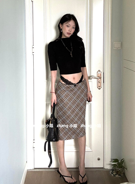 韩系卡其色格子高腰a字半身裙女夏显瘦短款开叉包臀裙巨好看短裙