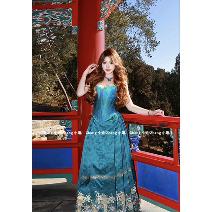 新中式国风蓝色百褶马面裙女夏季改良汉服小个子半身裙抹胸一整套