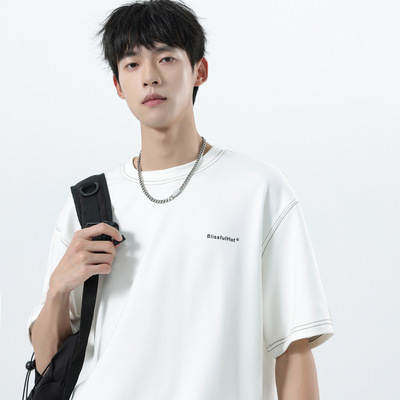 冬季短袖t恤男款德绒内搭保暖打底衫男士新款圆领印花男体恤上衣