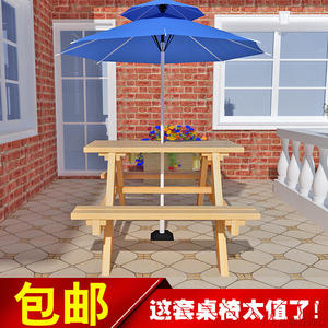 松木户外连体桌椅阳台桌椅现代复古碳化松木桌椅带伞户外连体桌