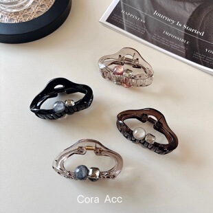 7cm韩系气质琥珀色云朵珍珠抓夹半扎发发夹盘发后脑勺鲨鱼夹头饰