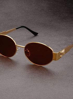 复古老钱风金属椭圆形墨镜防晒高级感小框港风凹造型凯旋门太阳镜