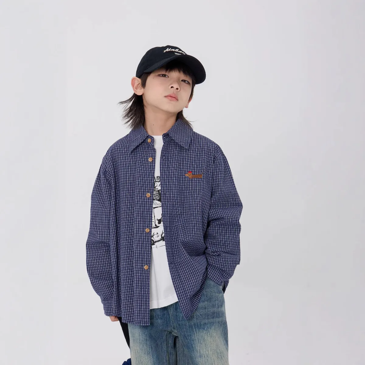 小狗绣花细格子翻领长袖衬衫
