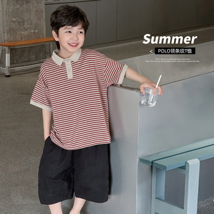 男童休闲T恤上衣 潮2026夏季 儿童洋气拼色条纹套头翻领短袖 polo衫