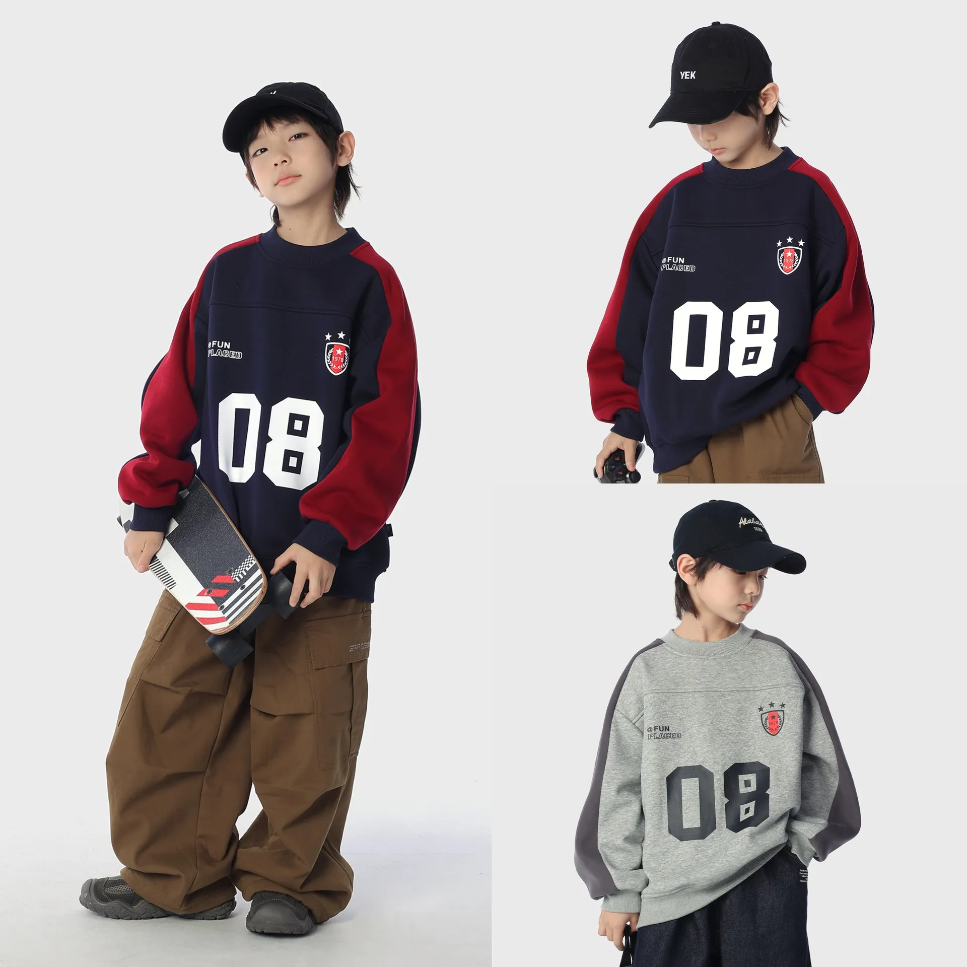 男宝宝帅气数字加绒加厚撞色圆领套头球服卫衣冬男童休闲保暖上衣