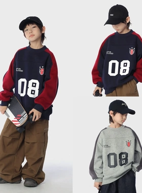 男宝宝帅气数字加绒加厚撞色圆领套头球服卫衣冬男童休闲保暖上衣