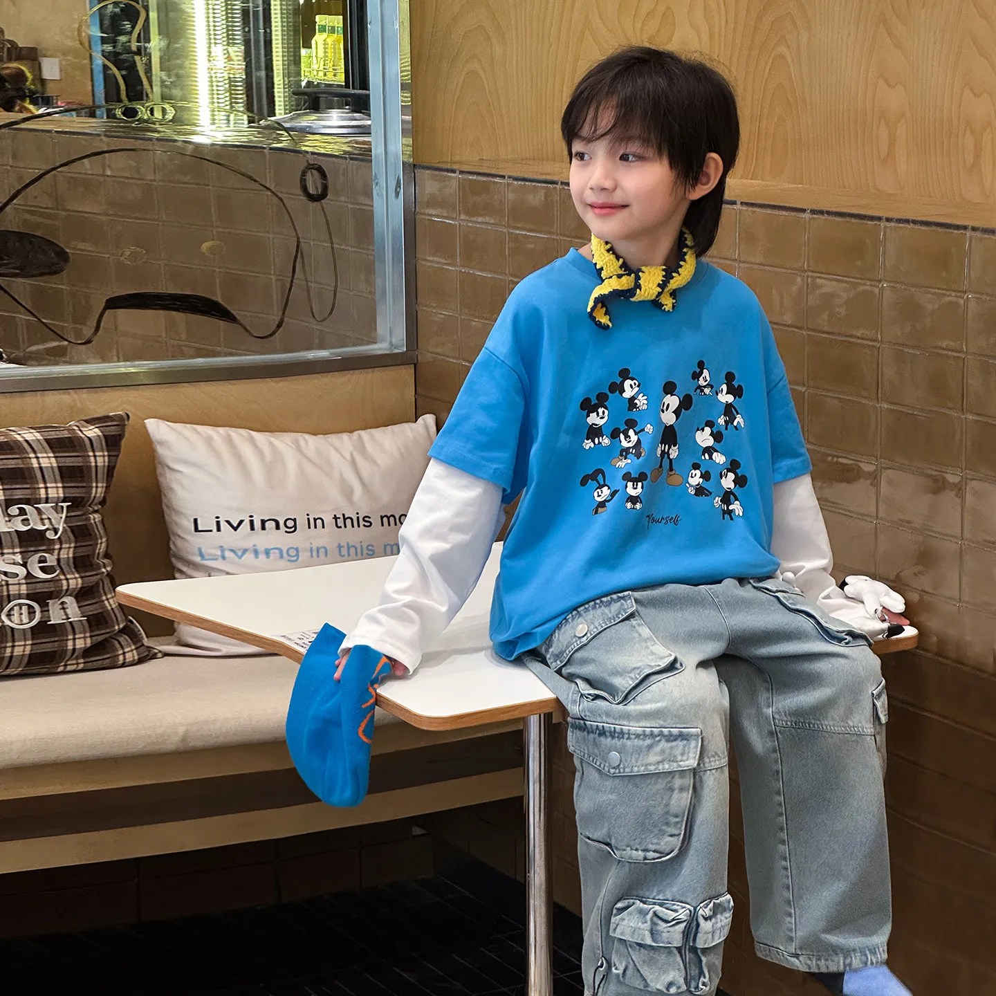 儿童米奇印花拼色圆领长袖假两件打底衫秋季韩版男童休闲T恤上衣