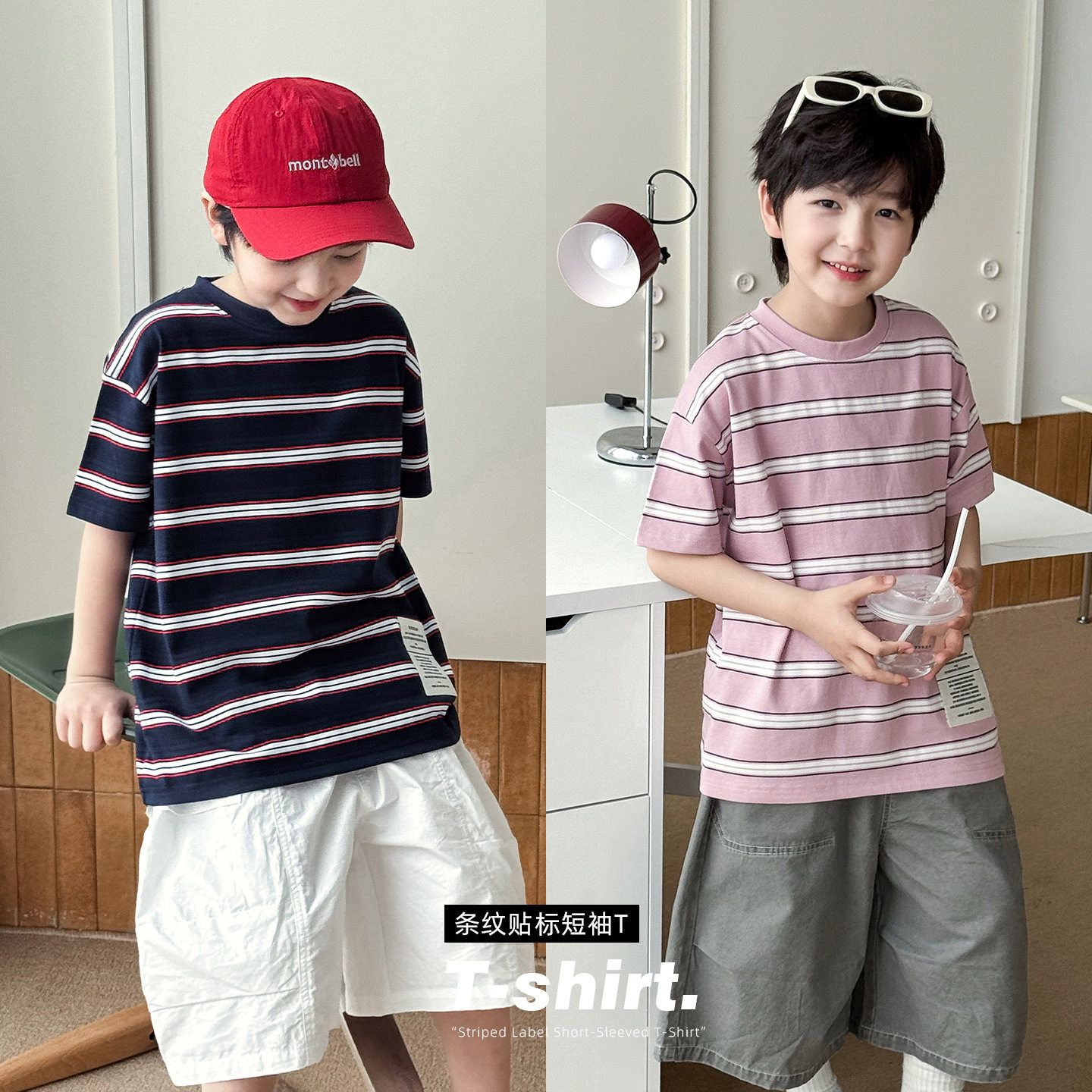 儿童洋气贴标拼色条纹圆领短袖T恤2026夏季韩版男童休闲半袖上衣