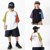 男童休闲半袖 儿童露营风帐篷印花撞色圆领短袖 T恤潮2025夏季 上衣