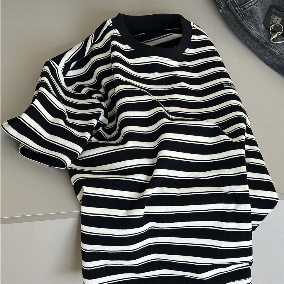 儿童洋气拼色条纹圆领短袖T恤潮酷2026夏季韩版男童休闲半袖上衣