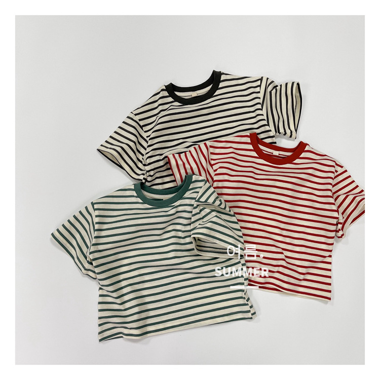 儿童洋气拼色条纹圆领短袖全棉T恤潮夏季韩版男女童休闲半袖上衣