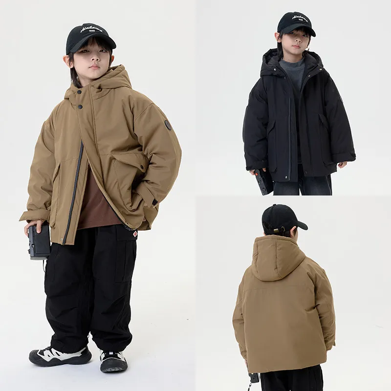 厚大口袋白鸭绒工装连帽羽绒服