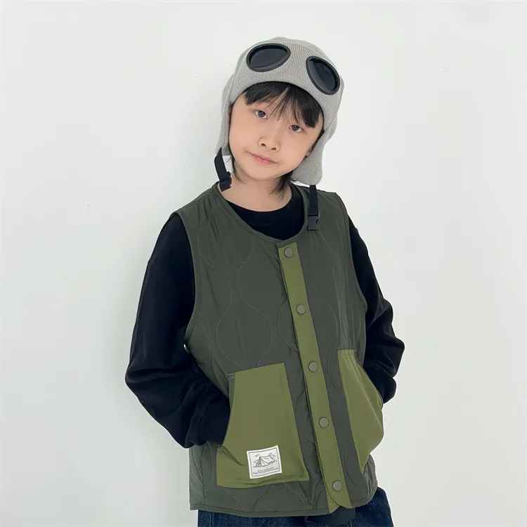 儿童加厚夹棉撞色贴标开衫马甲潮秋冬男童休闲单排扣无袖坎肩背心