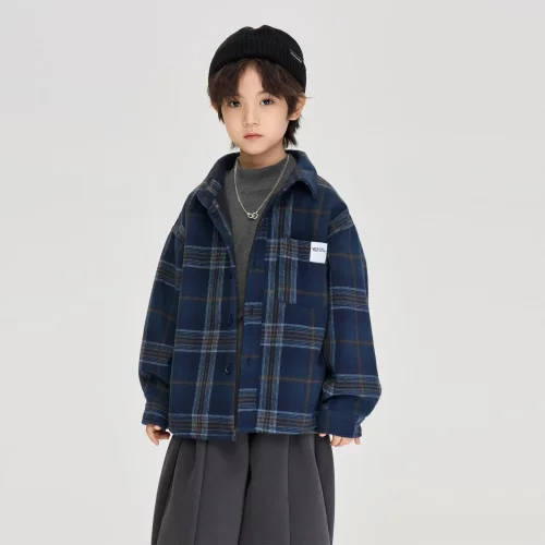 加厚一体绒翻领长袖格子衬衫