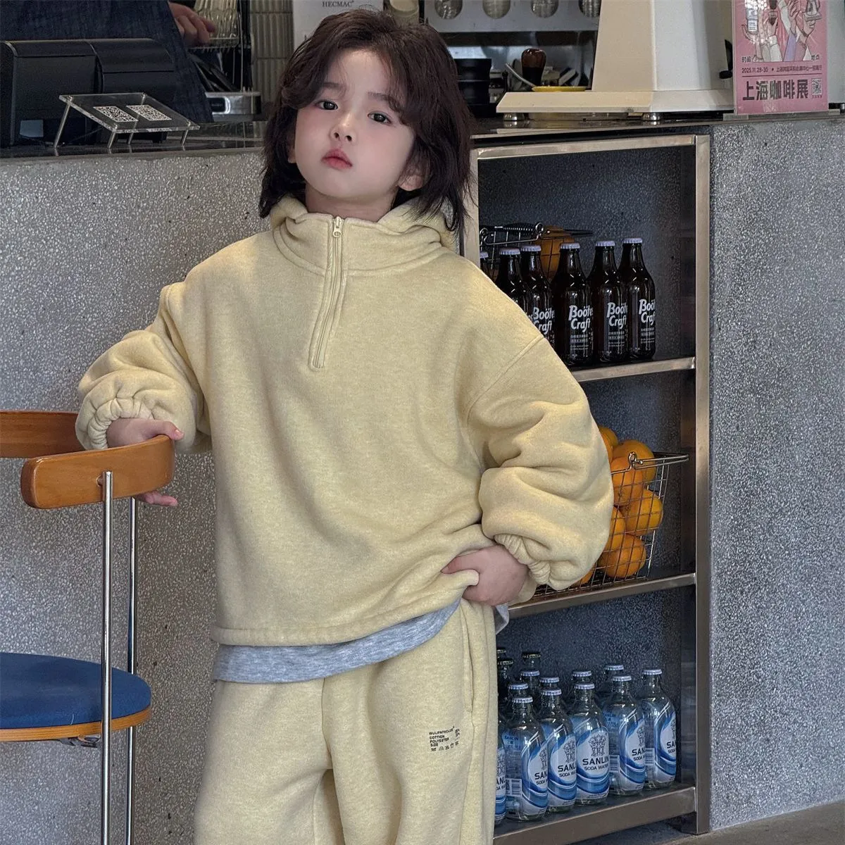 加厚羊驼绒纯色连帽休闲套装