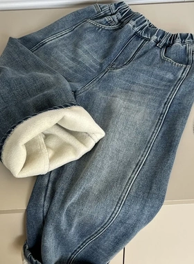 儿童软糯蓝色加绒加厚牛仔裤潮2025冬季男童宽松保暖休闲直筒长裤