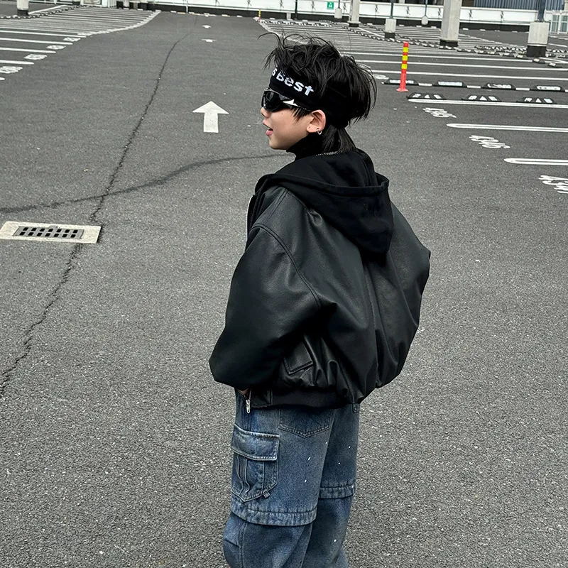 男宝宝帅气黑色夹棉加厚机车假两件连帽夹克冬季男童保暖皮衣外套