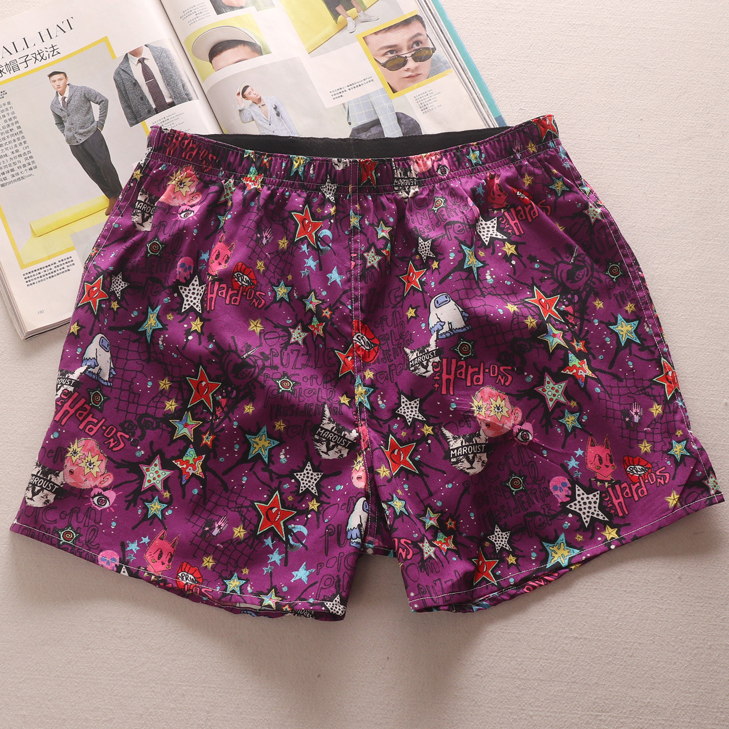 日系动漫印花纯棉靓仔男士阿罗裤家居短裤三分裤宽松花裤衩沙滩裤
