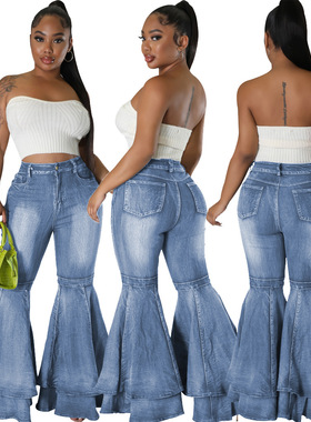 跨境HSF2645亚马逊热卖欧美时尚百搭阔腿 水洗牛仔弹力喇叭裤