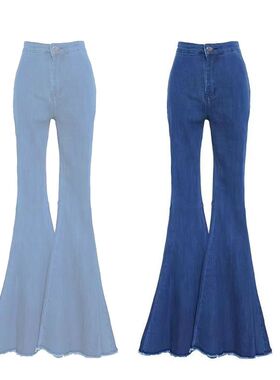 新款蜜桃臀蓝色牛仔裤长裤显瘦高腰大v喇叭裤修身阔腿裤女