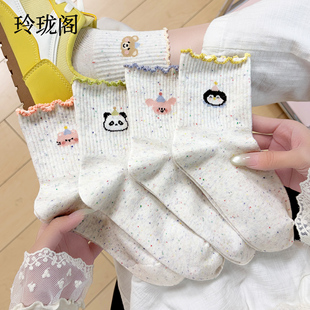 夏薄款 点子纱纯棉短袜女士可爱短筒袜ins袜子花边中筒袜 袜子女款