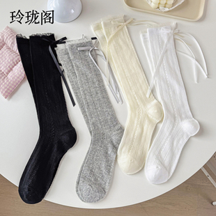 白色小腿袜子女夏薄款 显瘦蝴蕾丝纯棉袜子芭蕾风堆堆袜长筒袜