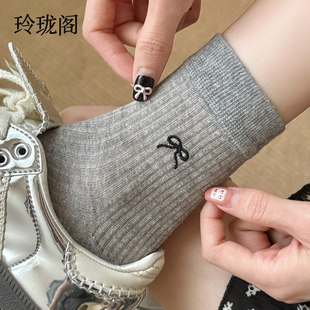 薄款 夏日轻薄袜子女夏季 短袜纯棉无骨透气芭蕾风灰色蝴蝶结中筒袜