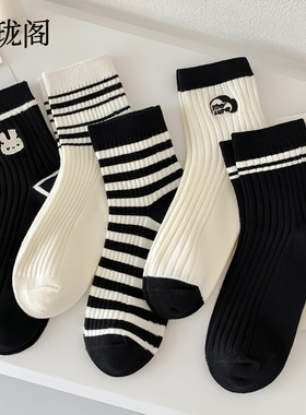 袜子女款夏季薄款2026新款爆款女士纯棉中筒条纹黑白色潮无骨长袜