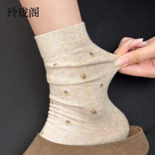 米色碎花堆堆袜子女款 中筒袜长袜 春夏复古日系ins潮纯棉配勃肯鞋