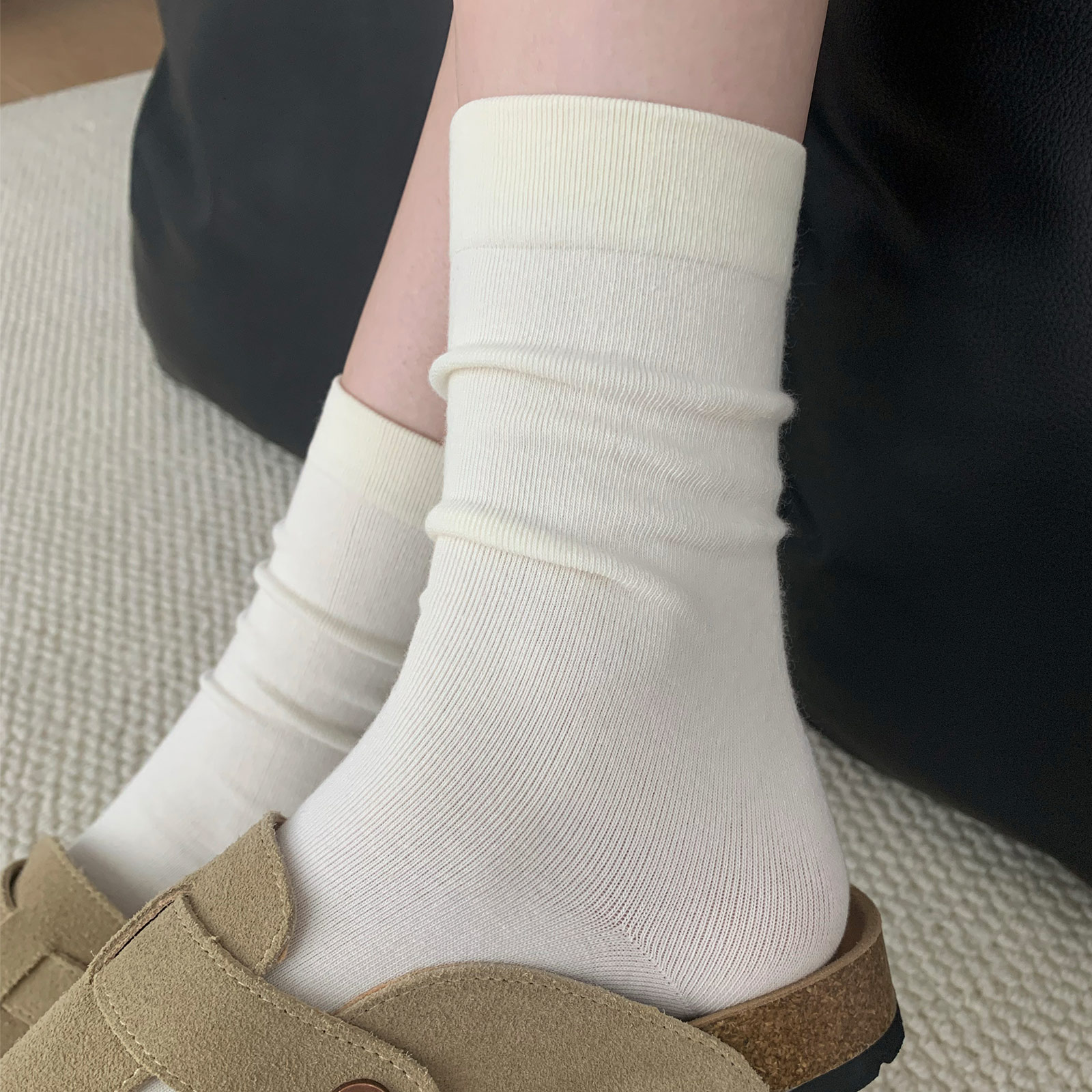 白色勃肯鞋袜子女款夏季薄款无骨堆堆袜纯棉透气防脚气防臭中筒袜