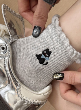 小猫刺绣短袜子女2025新款爆款冬季可爱卡通纯棉袜灰色女士短筒袜