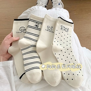 条纹卡通小狗袜子女春夏季 纯棉中筒袜ins潮日系可爱无骨长筒 薄款