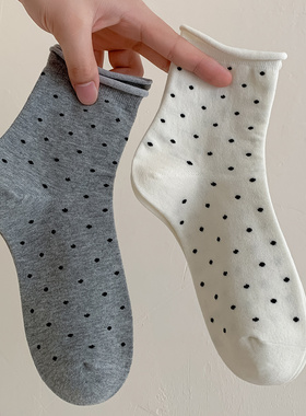 灰色波点袜子女款2025新款秋冬季中筒袜堆堆袜纯棉袜卷边日系长袜
